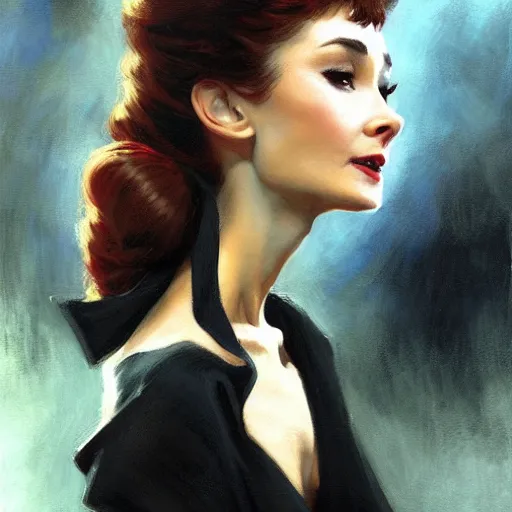 Image similar to detailed realistic cinematic wide shot of beautiful attractive audrey hepburn vampire woman wearing black bath robe slim face symettrical face clean skin black eyes black robe smooth, sharp focus, ultra realistic, spring light, painting by gaston bussiere, craig mullins, j. c. leyendecker