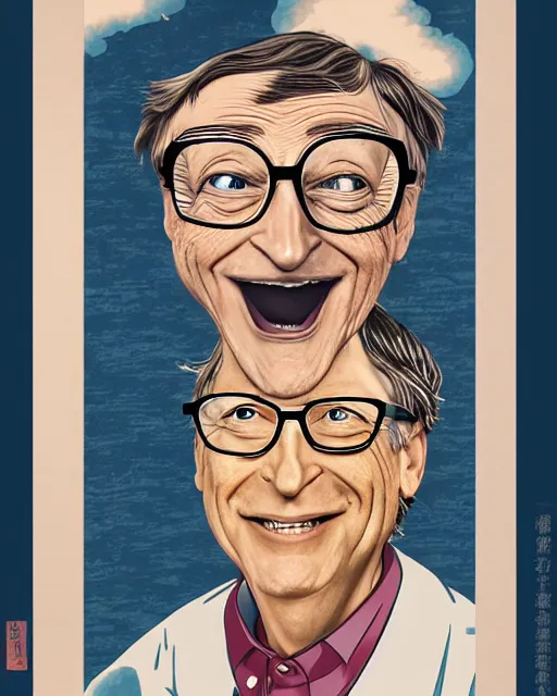 Prompt: a portrait of Bill Gates, highly detailed, in the style of ukiyoe, grotesque caricature