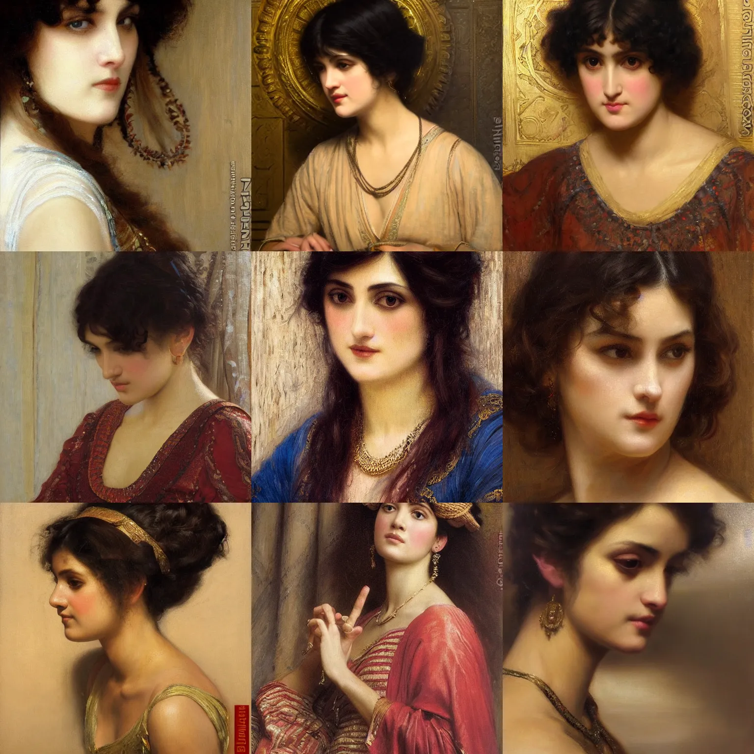 Prompt: orientalism painting blunt bangs curly dark hair beautiful woman face detail by edwin longsden long and theodore ralli and nasreddine dinet and adam styka, masterful intricate art. oil on canvas, excellent lighting, high detail 8 k