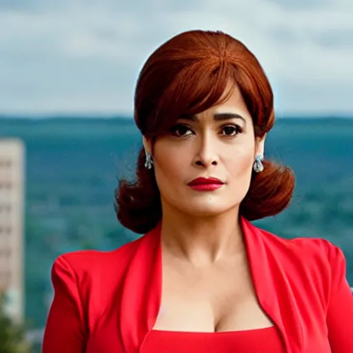 Prompt: a movie still of Selma Hayek in new Mad Men movie as Joan Holloway