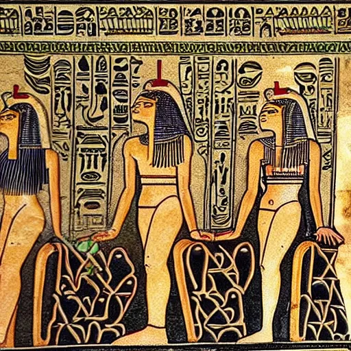 Image similar to of cleopatra with detailed tattoos sitting on a throne in egypt in a huge cathedral adorned with hieroglyphs. the whole scene lit by fire lamps very cinematic epic scene