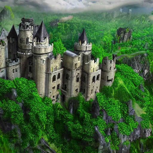 Prompt: medieval castle covered in lush vegetation, matte painting, puffy clouds, 4k, sharp focus, highly detailed