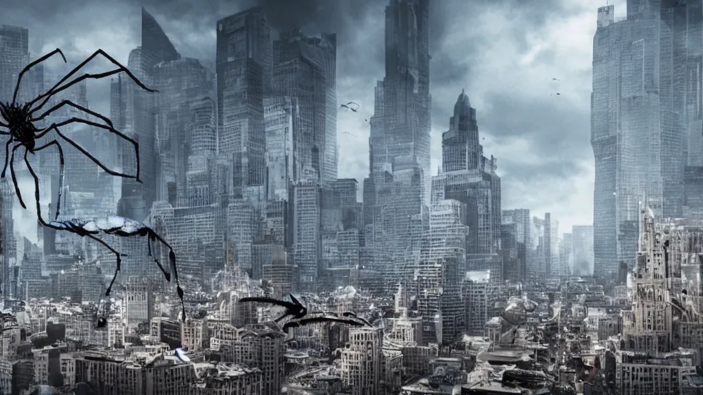 Image similar to giant arachnids attacking the city, photography, realistic, arachnophobia