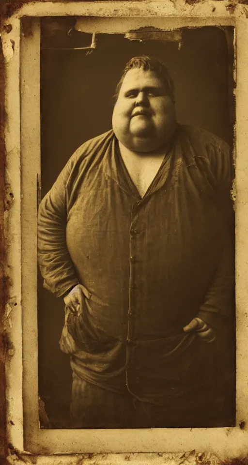 Image similar to a highly detailed digital collodion photograph, a portrait of a very obese carpenter