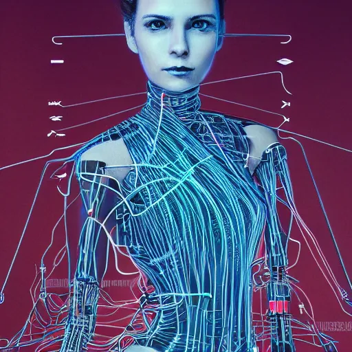 Image similar to a beautiful body of a pilot woman partially made of wires and electronic circuits, an ultrafine detailed illustration by james jean, final fantasy, intricate linework, bright colors, behance contest winner, vanitas, angular, altermodern, unreal engine 5 highly rendered, global illumination, radiant light, detailed and intricate environment