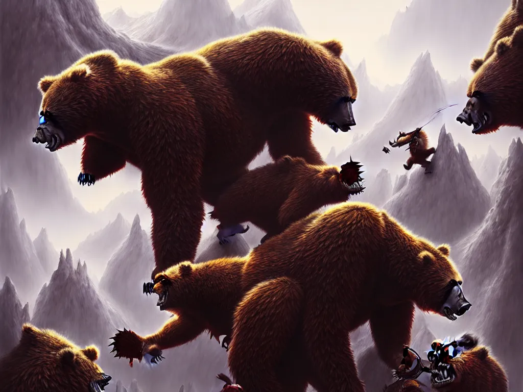 Image similar to highly detailed concept art of colossal bear fighting goblins in mountain, an ultrafine detailed painting, trending on deviantart, neo surrealism, sharp focus, octane, masterpiece, art by randy vargas