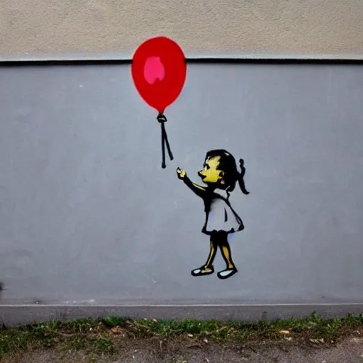 Prompt: bansky street art of small girl holding a balloon.