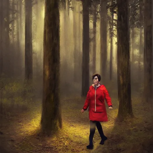 Image similar to supreme court justice elena kagan going for a walk in the woods, digital art by ruan jia and mandy jurgens and artgerm, realistic face, highly detailed, trending on artstation, award winning