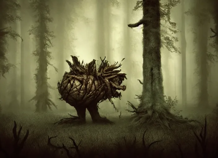 Image similar to an incredibly scary and very very unique creative monster of the forest, ancient folk legend, hyperrealistic concept art, sepia photography in the forest