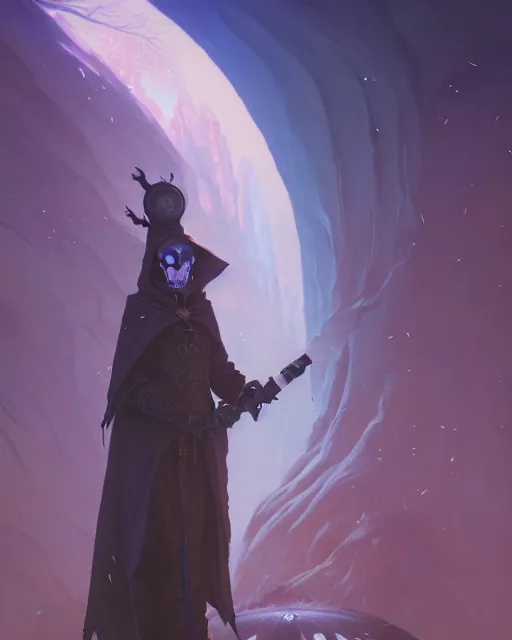 Image similar to highly detailed surreal vfx portrait of a elfpunk mage grim reaper, stephen bliss, unreal engine, greg rutkowski, loish, rhads, beeple, makoto shinkai and lois van baarle, ilya kuvshinov, rossdraws, tom bagshaw, alphonse mucha, global illumination, detailed and intricate environment