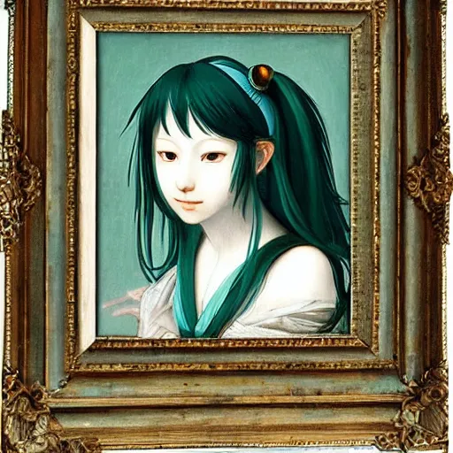 Image similar to hatsune miku in the style of leonardo da vinci, oil painting