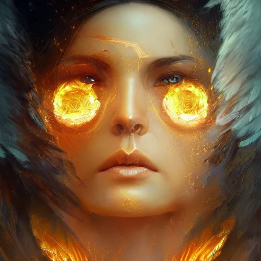 Image similar to portrait of fire goddess, yellow eyes, fantasy, intricate, elegant, highly detailed, digital painting, artstation, concept art, matte, sharp focus, illustration, art by aenaluck and roberto ferri and greg rutkowski, epic fantasy, digital painting