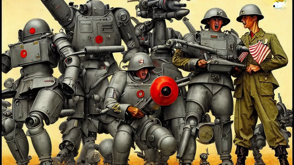 Image similar to America and Japan fight WWII with mechs, in the style of Norman Rockwell, sci-fi illustrations, highly detailed, award-winning, patriotic, american, dark, gritty, oil painting