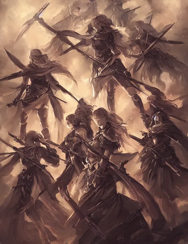 Prompt: the order of sisters of war. this oil painting by the award - winning mangaka has cinematic lighting, an interesting color scheme and intricate details.