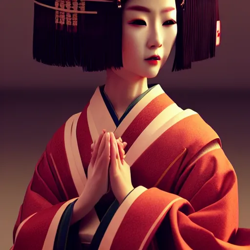 Image similar to an android geisha praying, looking left, wearing a flowing kimono and tattoos, octane render, unreal engine, 8 k, cinematic, artwork by ilya kuvshinov