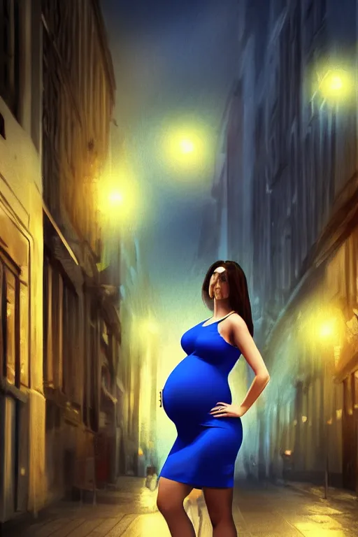 Image similar to pregnant woman in a small blue dress on night street, highly detailed, sharp focused, ultra realistic digital concept art