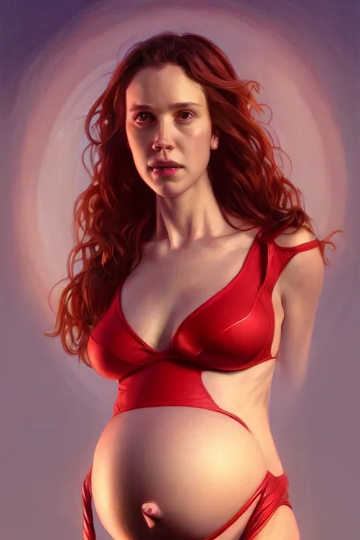 Prompt: pregnant scarlet witch in a red bikini, realistic portrait, symmetrical, highly detailed, digital painting, artstation, concept art, smooth, sharp focus, illustration, cinematic lighting, art by artgerm and greg rutkowski and alphonse mucha
