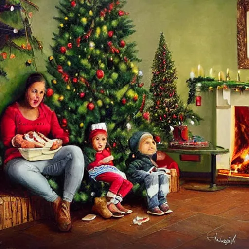 Image similar to “a holiday realistic painting of a happy family sitting in the foreground there’s a beautiful woman with a symmetric face with two young children on her lap, a boy and a girl. There’s a green Christmas tree and a log fire burning in the background. On the sofa in the background a scruffy homeless man sleeping.”