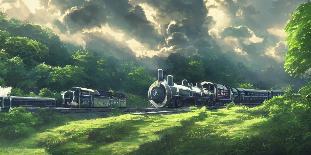 Image similar to A beautiful illustration of beautiful Hogwarts train, castle, leaves, trees, steam, magic, wide angle, by makoto shinkai, Wu daozi, very detailed, deviantart, 8k, wallpaper, tropical, colorful, airy, anime illustration, anime nature wallpap