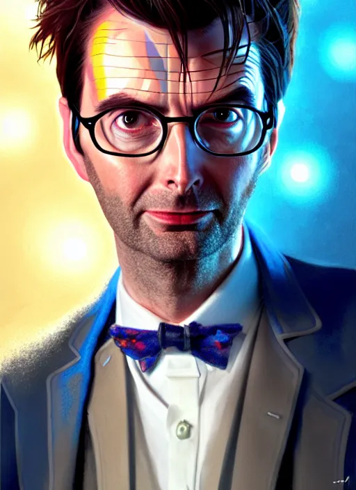Prompt: portrait of david tennant as the tenth doctor from doctor who wearing a party hat, intricate, elegant, glowing lights, highly detailed, digital painting, artstation, concept art, smooth, sharp focus, illustration, art by wlop, mars ravelo and greg rutkowski