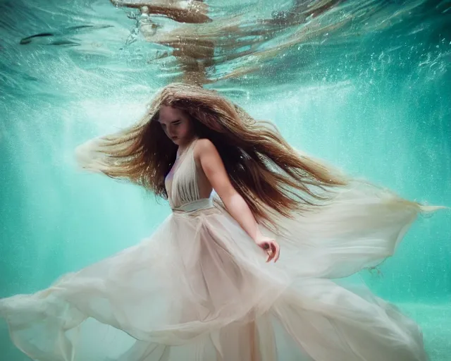 Image similar to beautiful female, full body, in long flowy dress, underwater, cinematic volumetric lighting, soft bokeh, glow, 8 k, by lexi laine, by wlop, by ross tran, fashion photography