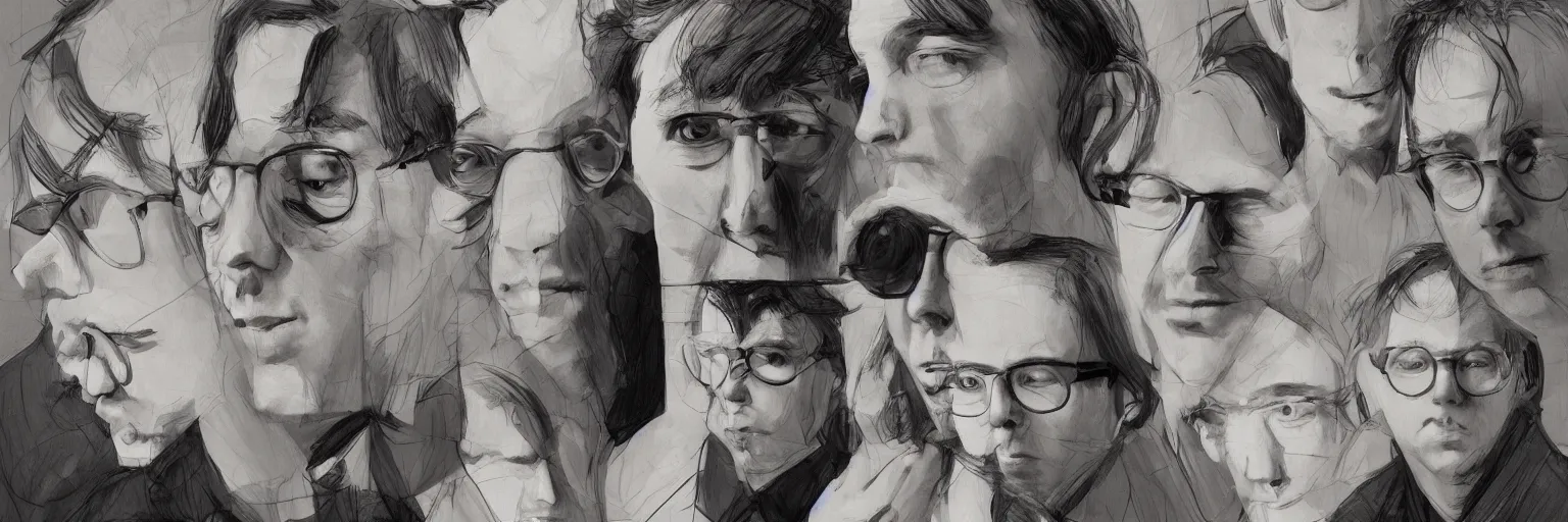 Image similar to character study of paul dano and todd solondz, 2 0 2 2, clear faces, emotional, character sheet, fine details, concept design, contrast, kim jung gi, pixar and da vinci, trending on artstation, 8 k, full body and head, turnaround, front view, back view, ultra wide angle