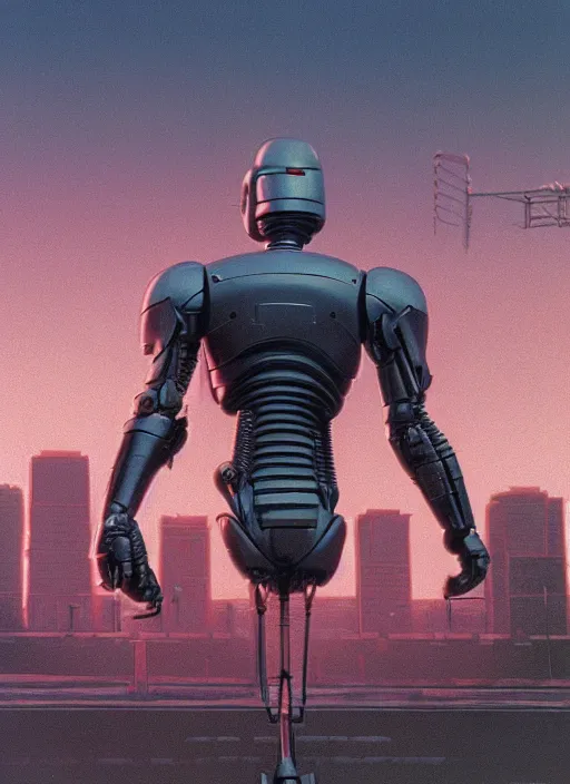 Image similar to RoboCop (1987), very low angle photograph, very detailed, trending on artstation, hyperrealistic, soft colors, simon stålenhag, lovecraft, horror