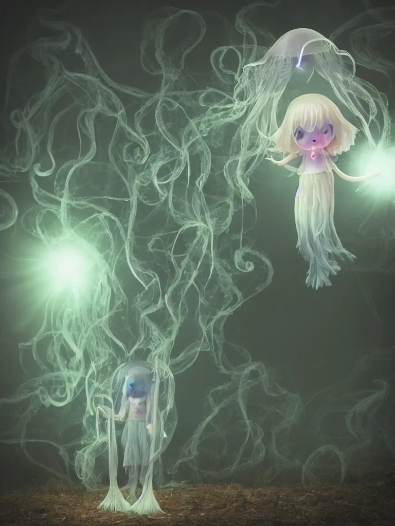 Image similar to cute fumo plush smiling ectoplasmic gothic jellyfish ghost girl, dancing on a foggy riverbank, glowing wisps of hazy smoke, lens flare, vignette, refraction, vray