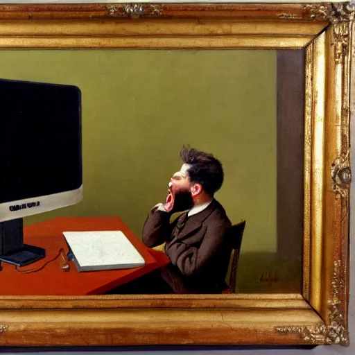 Image similar to an angry man yells at his computer monitor, oil on canvas, 1 9 0 1