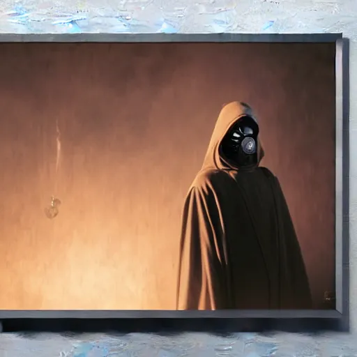 Prompt: man wearing long dark robes and hood, long tubed gasmask, by Ralph Angus McQuarrie, arriflex lens, highly detailed, realistic