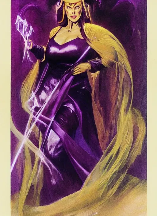 Prompt: portrait of plump female evil sorceress, golden tiara, purple robe and veil, lightning halo, strong line, muted color, beautiful! coherent! by frank frazetta, by boris vallejo