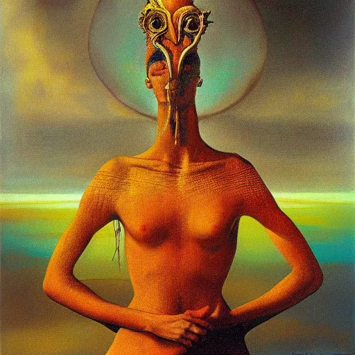 Prompt: the queen of the sun by salvador dali and zdzisław beksiński, oil on canvas