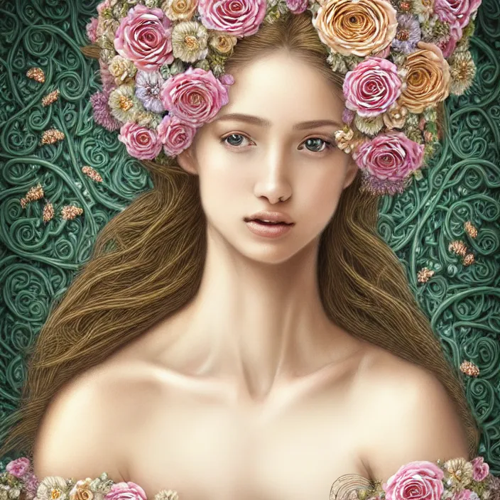 Image similar to photo portrait of a beautiful woman like a nymph - flowers - dressed in long elegant intricate ornamental ethereal floral dress, natural skin tone, highly detailed realistic flowers ornament in the upper side of breast, bust with a long beautiful neck , long blond hair are intricate with highly detailed realistic flowers, elegant, Realistic, Refined, Highly Detailed, natural soft pastel lighting colors scheme, fine art photography by Cecil Beaton, volumetric lighting, hyper realistic photography