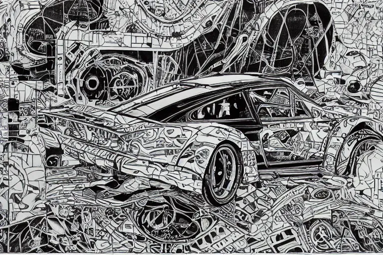 Image similar to a black and white drawing of a porsche 9 3 5 slantnose, a detailed mixed media collage by hiroki tsukuda and eduardo paolozzi and moebius, intricate linework, sketchbook psychedelic doodle comic drawing, geometric, street art, polycount, deconstructivism, matte drawing, academic art, constructivism