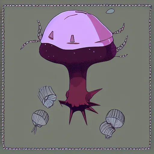 Image similar to cute void mushroom creature, pokemon, hayao miyazaki, digital art, vector, grayscale