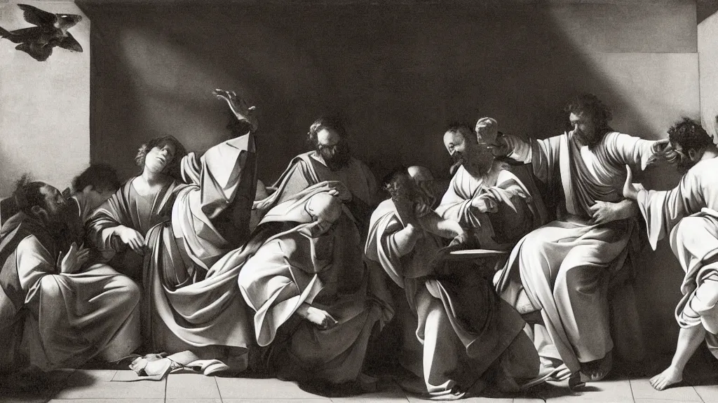 Image similar to photograph of a scene similar to the vocation of St. Matthew inspired by Caravaggio