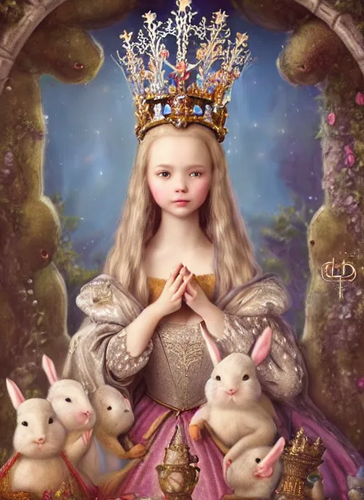 Image similar to highly detailed closeup portrait of a fairytale medieval princess wearing a crown and sitting on a throne, surrounded by cute bunnies, unreal engine, nicoletta ceccoli, mark ryden, earl norem, lostfish, global illumination, god rays, detailed and intricate environment