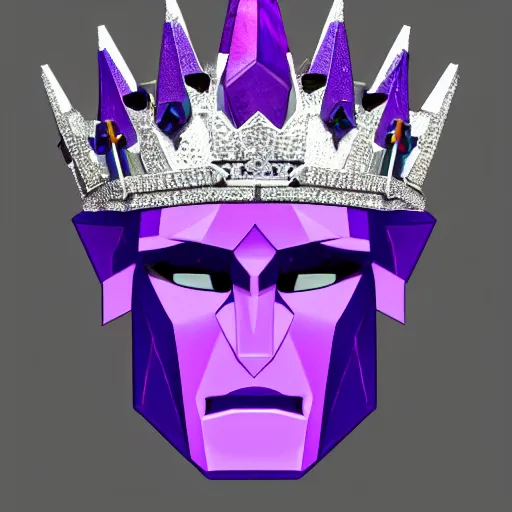 Prompt: decepticon with white face, purple crown, diamond shaped gem in the forehead