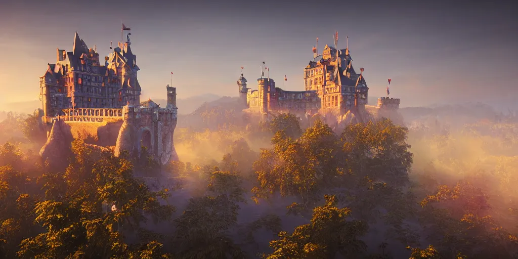 Prompt: a highly detailed photo of a super hero castle surrounded by a mist shot during golden hour on 3 0 mm film painted by alena aenami, rendered in unreal engine