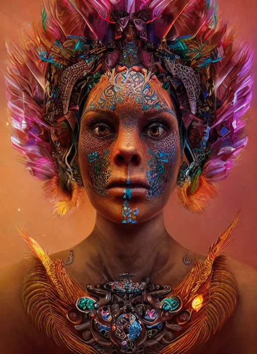 Image similar to a wlop 3 d portrait of a goddess, 8 k micro details beautiful intricate highly detailed quetzalcoatl skull and feathers. fire, galaxy, artwork by tooth wu and wlop and beeple and greg rutkowski, trending on artstation,