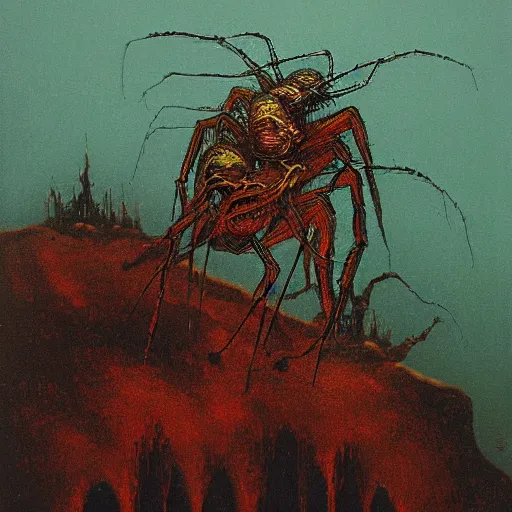 Prompt: detailed demon spider, a lightning storm in the background, towering cliffs, scary, in the style of beksinski