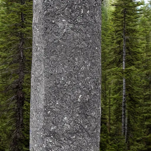 Image similar to a monolithic granite pillar in the boreal forest. overcast sky, grainy.