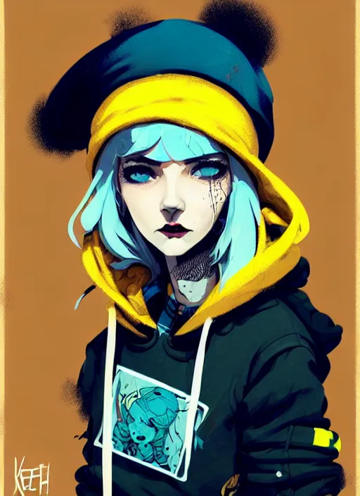 Image similar to highly detailed portrait of a sewer punk lady student, blue eyes, tartan hoody, hat, white hair by atey ghailan, by greg tocchini, by kaethe butcher, gradient yellow, black, brown and cyan color scheme, grunge aesthetic!!! ( ( graffiti tag wall flat colour background ) )