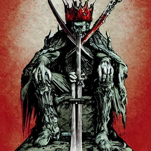 Prompt: the zombi king with a very big sword sit on his throne