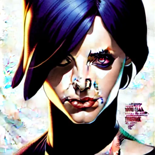 Image similar to artgerm, joshua middleton comic cover art, pretty domino character marvel comics sarah michelle gellar, place white skin, asymmetrical black spot covering left eye only, no spot right eye white around right eye asymmetrical eye