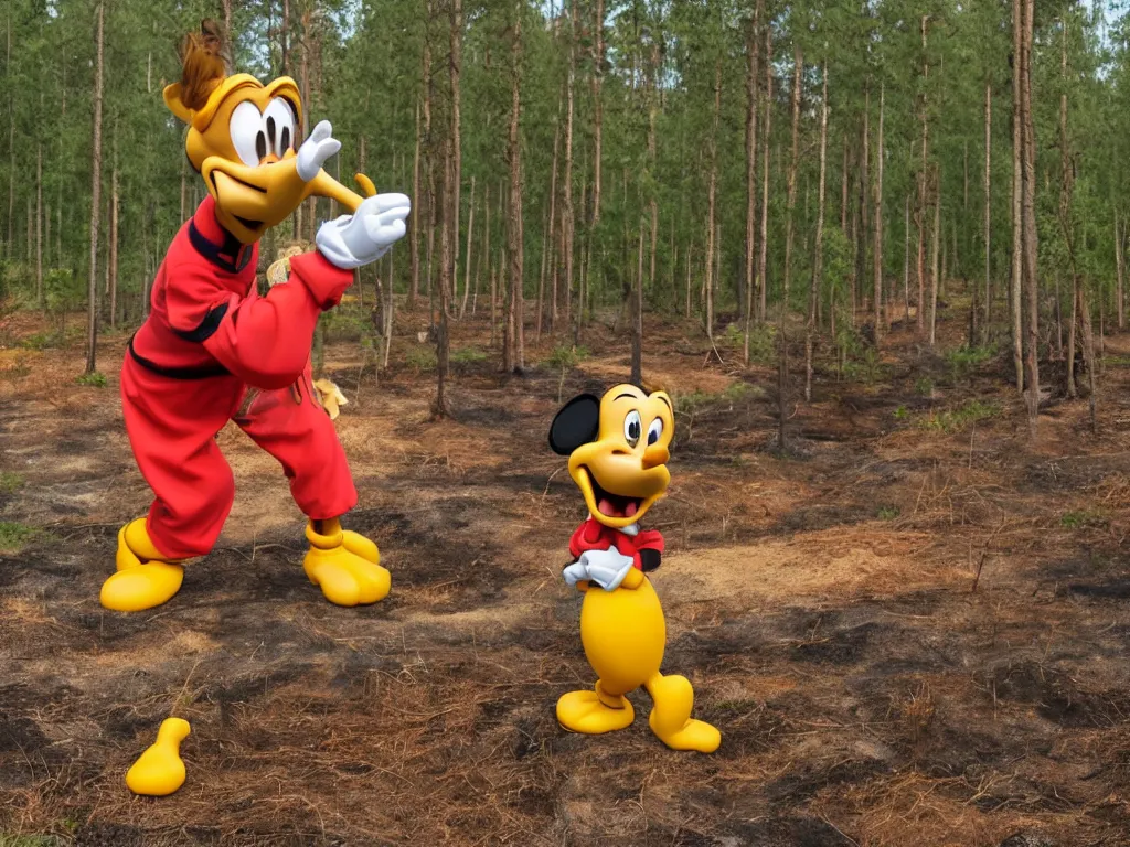 Image similar to disney's goofy trying to put out a forest fire by peeing on it somewhere in southern finland