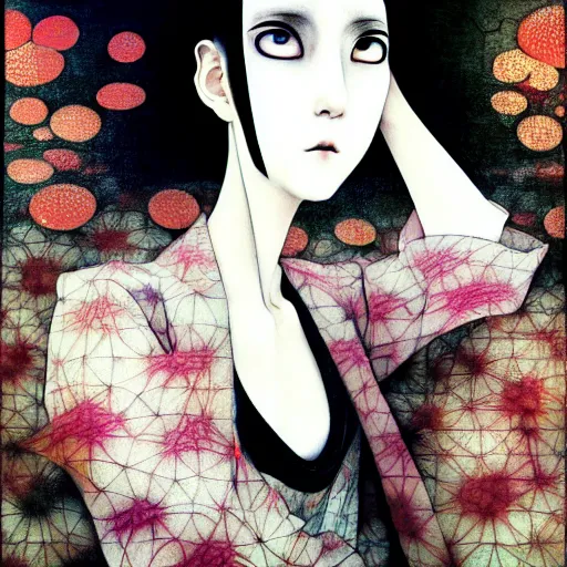 Image similar to yoshitaka amano blurred and dreamy realistic portrait of a woman with white hair and black eyes wearing dress suit with tie, junji ito abstract patterns in the background, satoshi kon anime, noisy film grain effect, highly detailed, renaissance oil painting, weird portrait angle, blurred lost edges, three quarter view