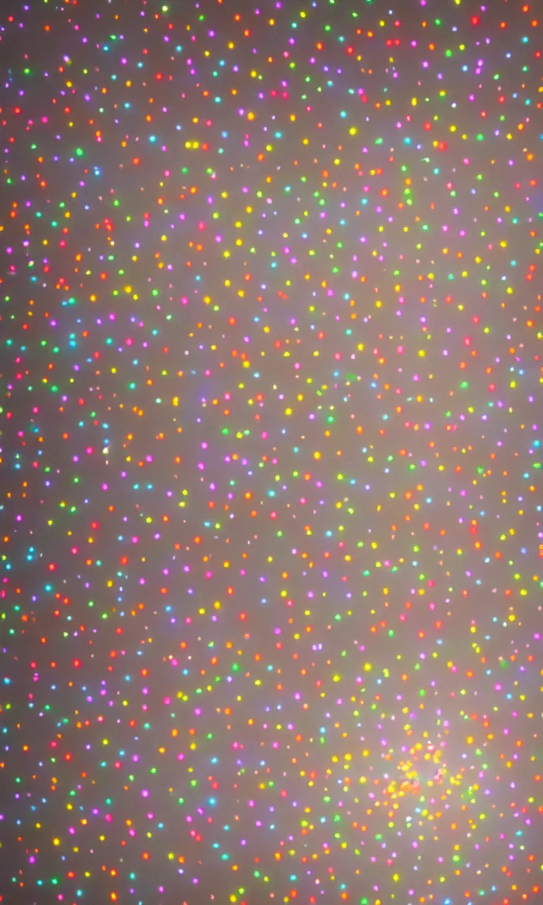 Image similar to a top-down wide view still of a floating transmissive vellum cloth tightly bunched up and pinned together with colorful glowing LED pins into a soft billowy bundle by a few glowing pins from an a24 movie, 8k, translucent cloudy vellum bunched up into large mounds by microscopic suns and wrinkles of cloth pinned from far apart close together with tiny emissive spheres, filtering light through the wrinkled bunched-up layers, 30s long exposure photograph of a large cloth flapping in the wind, tiny glowing spheres puncturing a blurry sheet, starkly lit from the evening sunset crepuscular golden hour rays emerging from the fog, chiaroscuro studio lighting