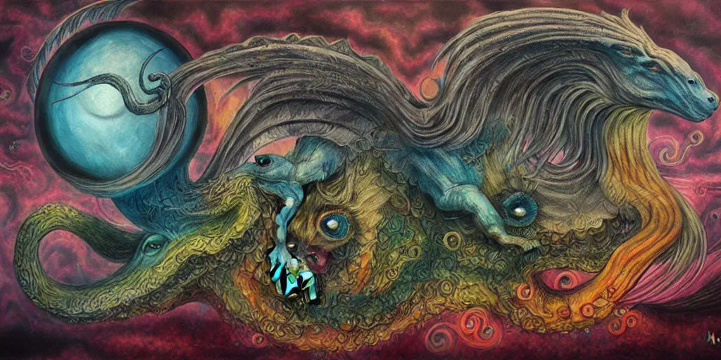 Image similar to mythical creatures and monsters in the imaginal realm of the collective unconscious, surreal mixed media painting by ronny khalil