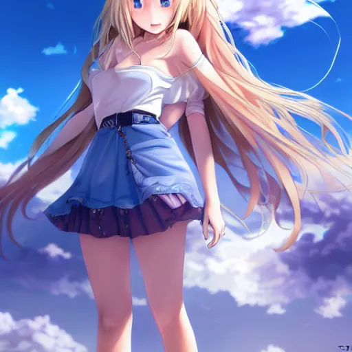 Image similar to a very beautiful anime cute girl, full body, long wavy blond hair, sky blue eyes, full round face, short smile, fancy top, miniskirt, front view, medium shot, mid-shot, highly detailed, cinematic wallpaper by Stanley Artgerm Lau